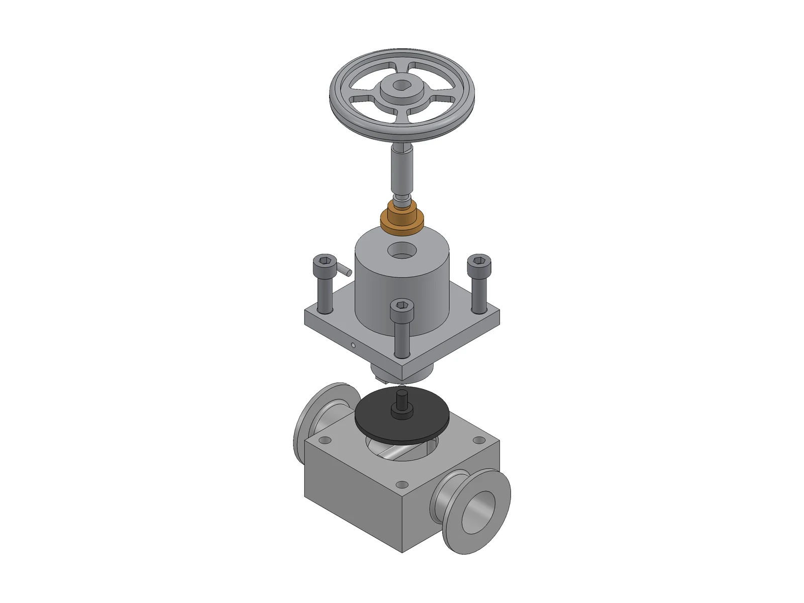 Diaphragm valve exploded view: handwheel, lead screw, bronze nut, bonnet, bolts, compressor, diaphragm, body