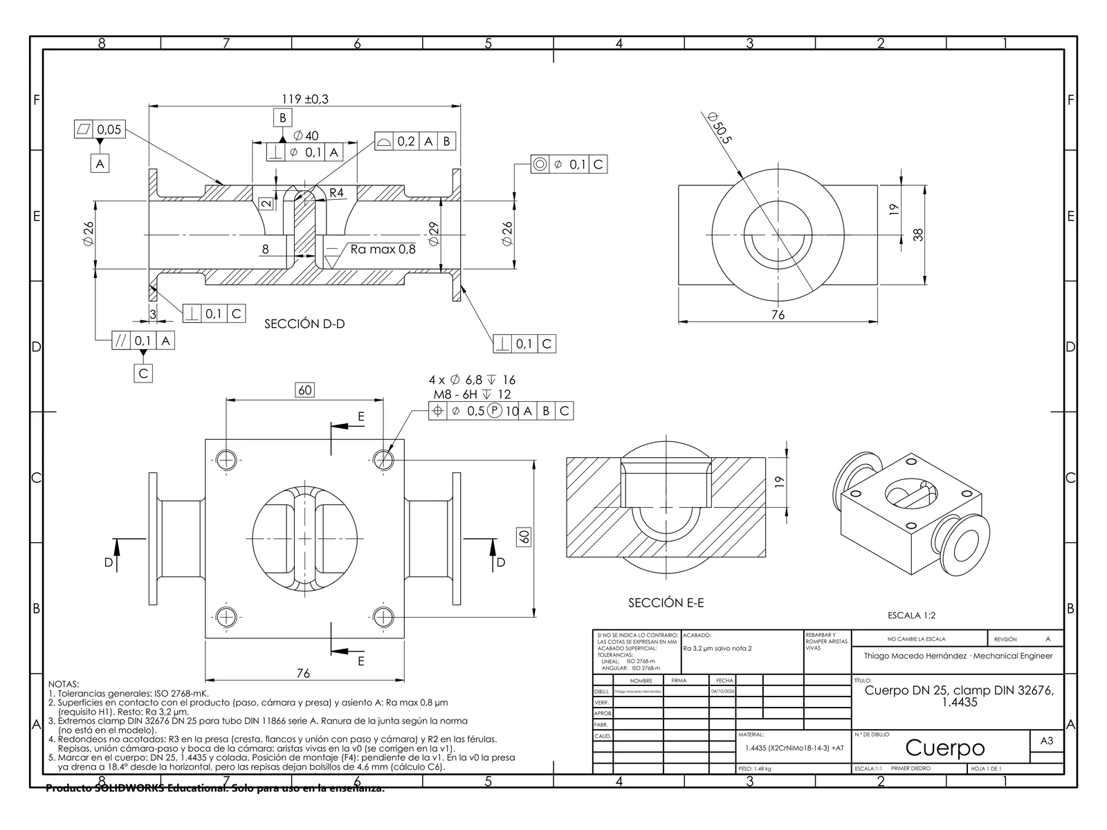 A3 part drawing of the 1.4435 valve body with ISO GPS tolerancing