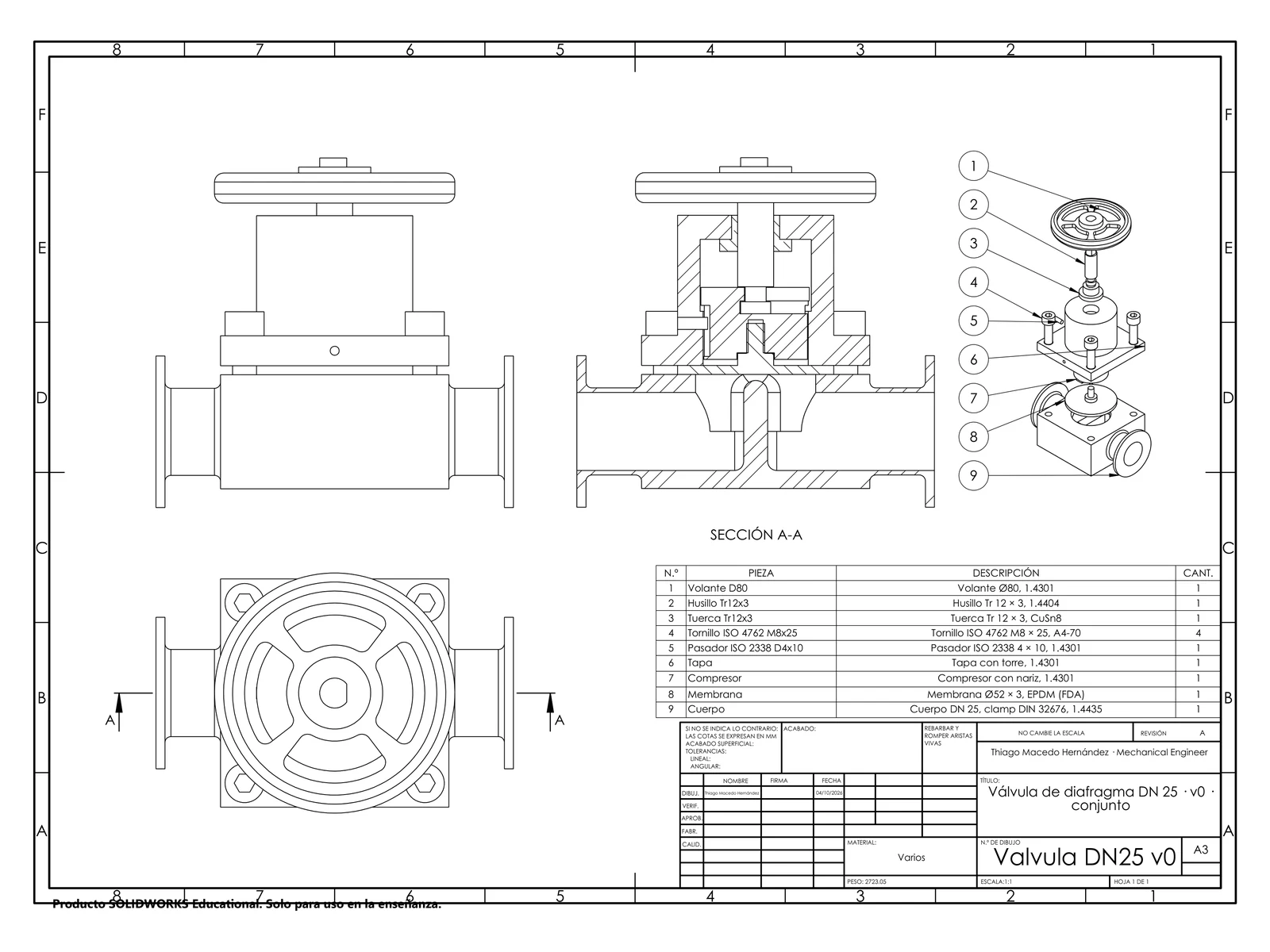 A3 assembly drawing of the DN 25 diaphragm valve with section A-A and BOM