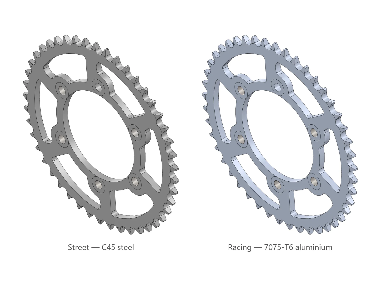 Rear sprocket, street and racing versions, SolidWorks render