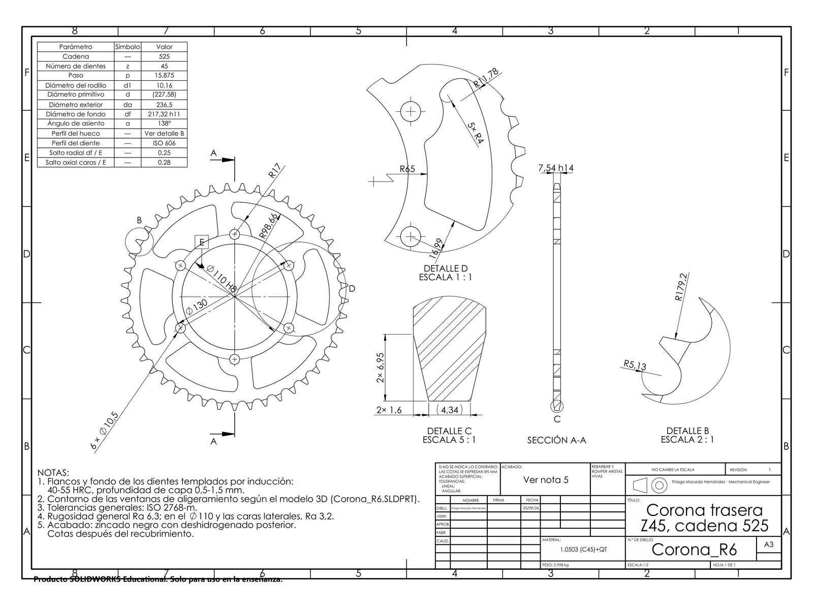A3 manufacturing drawing of the rear sprocket Z45, chain 525