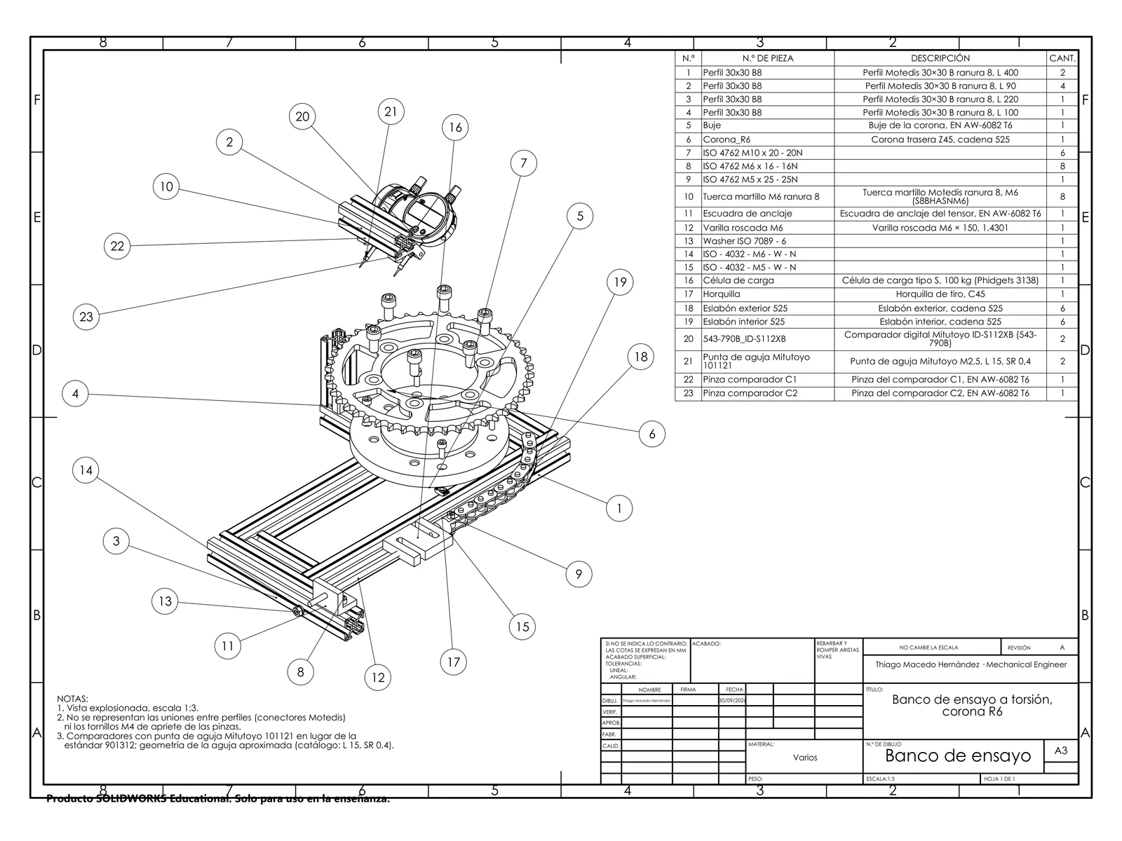 A3 assembly drawing of the test rig with exploded view and BOM
