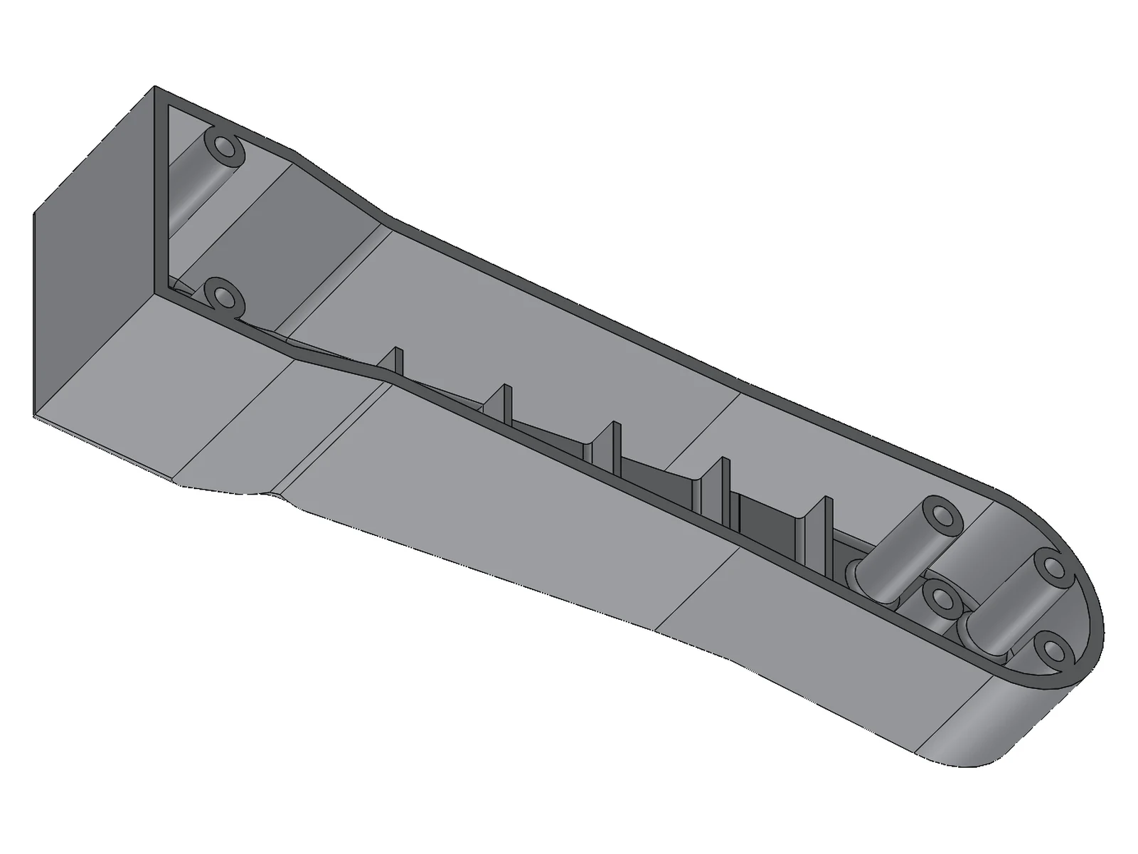 Drone arm v3 from below: open channel for the wires, transverse ribs and cored screw bosses